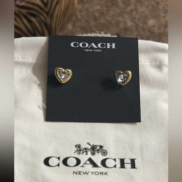 Never used Coach heart 12-K Gold plated brass CZ Crystal stud earrings! - Picture 3 of 5